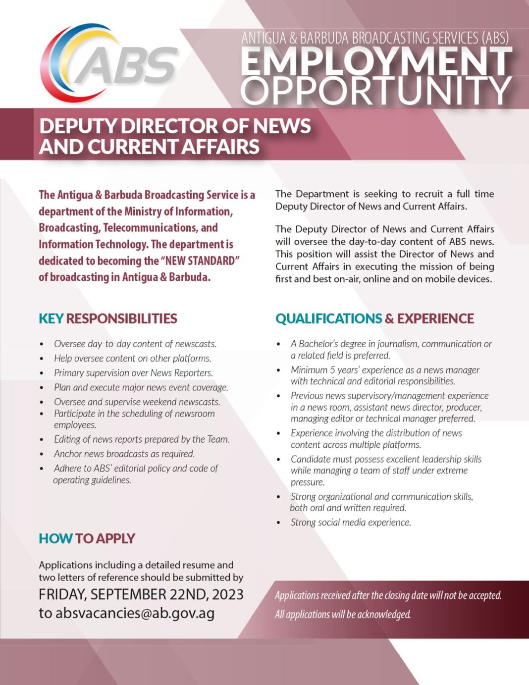 WE ARE HIRING! ABS TV Radio Antigua & Barbuda