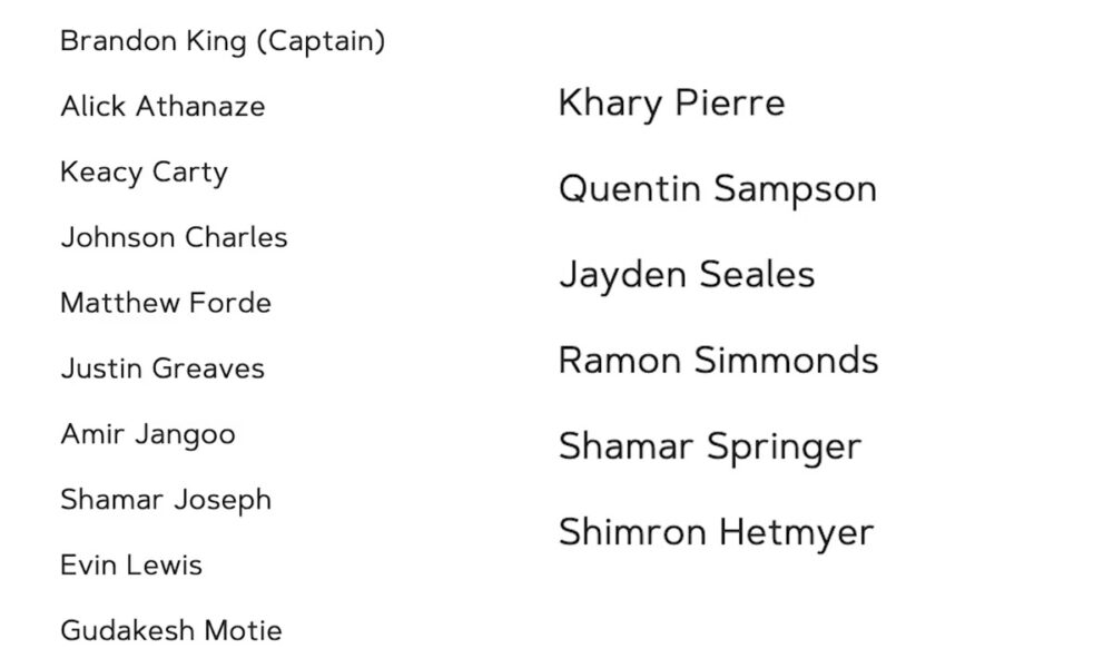 WEST INDIES ANNOUNCE T20 SQUAD TO FACE AFGHANISTAN